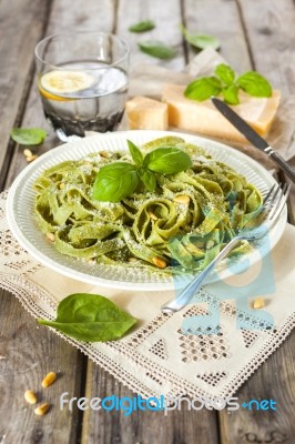 Homemade Spinach Pasta With Pesto And Parmesan Cheese Stock Photo