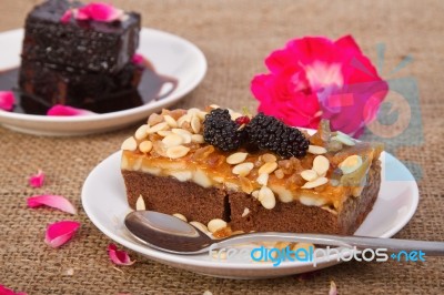 Homemade Toffee Cake With Mulberry Stock Photo