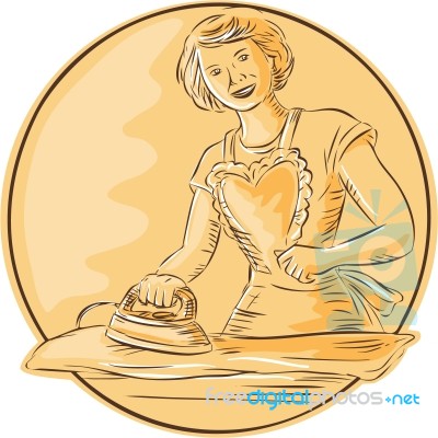 Homemaker Ironing Clothes Vintage Etching Stock Image