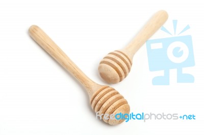 Honey Dipper Bamboo Wood White Background Closeup Stock Photo