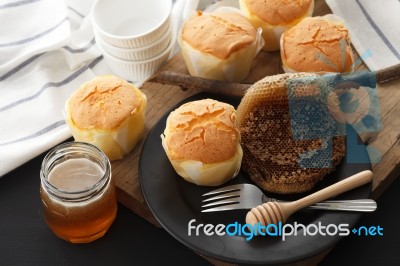 Honey Soft Cheese Cake Sweet Pastries Dessert Still Life Closeup… Stock Photo