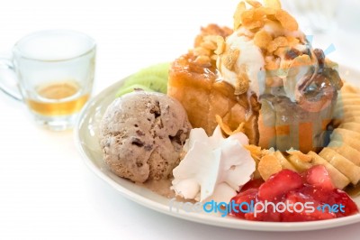 Honey Toast And Whipping Cream With Ice Cream On White Stock Photo