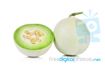 Honeydew Melon Sliced In Half Isolated On White Stock Photo