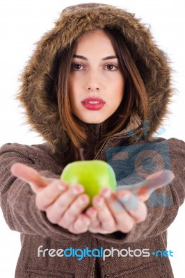 Hooded Lady Showing Green Apple Stock Photo