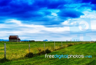 Horizontal Classic Norway Landscape House Cloudscape Background Stock Photo