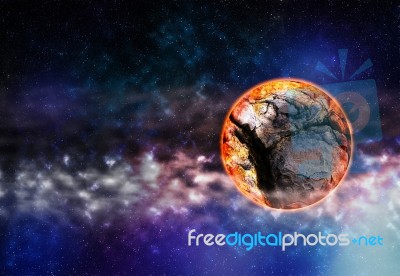 Horizontal Right Aligned Cracked Planet In Deep Space Background… Stock Photo