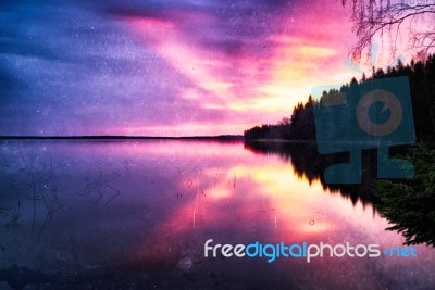 Horizontal Vintage Sunset On Mountain Lake Background Backdrop Stock Photo