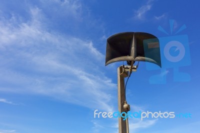 Horn Speaker For Public Relations Sign Symbol With Sky Stock Photo