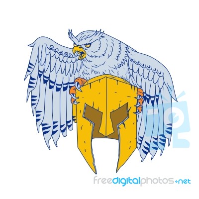 Horned Owl Clutching Spartan Helmet Drawing Stock Image