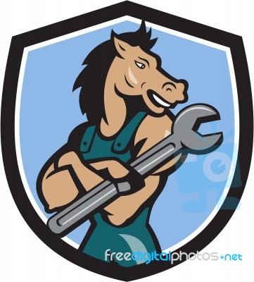 Horse Mechanic Spanner Crest Cartoon Stock Image