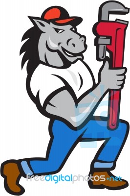 Horse Plumber Kneeling Monkey Wrench Cartoon Stock Image