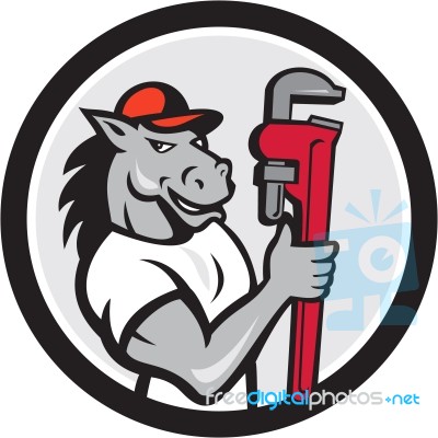 Horse Plumber Monkey Wrench Circle Cartoon Stock Image