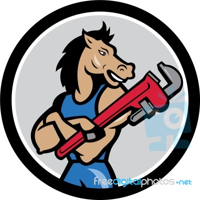 Horse Plumber Monkey Wrench Circle Cartoon Stock Image