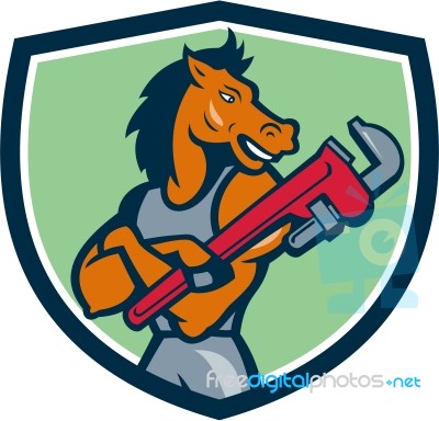 Horse Plumber Monkey Wrench Crest Cartoon Stock Image