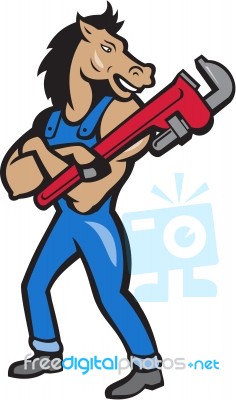 Horse Plumber Monkey Wrench Standing Cartoon Stock Image