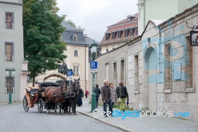 Horses And Carriage In Weimar Stock Photo