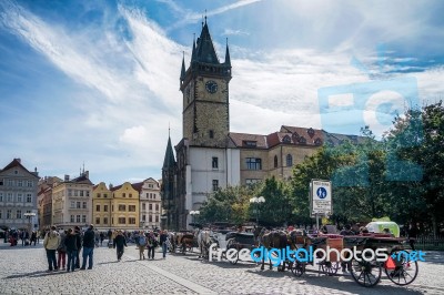 Horses And Carriages In The Old Town Square In Prague Stock Photo