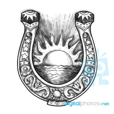 Horseshoe Sun And Sea Tattoo Stock Image