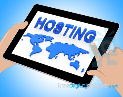 Hosting World Shows Earth Webhosting And Worldwide Tablet Stock Image