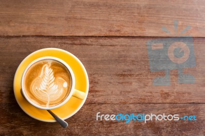 Hot Art Latte Coffee In A Cup On Wooden Table Stock Photo