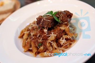 Hot Beef Penne Come In The White Plate Stock Photo