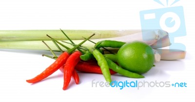 Hot Chilli, Lime, Lemongrass Isolated On White Background Stock Photo