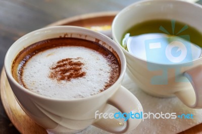 Hot Coffee And Green Tea Stock Photo