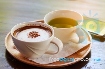 Hot Coffee And Green Tea Stock Photo