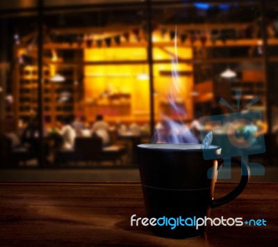 Hot Coffee Cup On Wood Table In Coffee Cafe Shop Use For Food An… Stock Photo