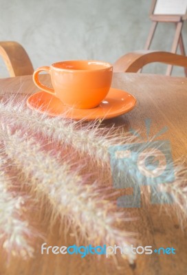 Hot Coffee Cup On Wooden Table Stock Photo