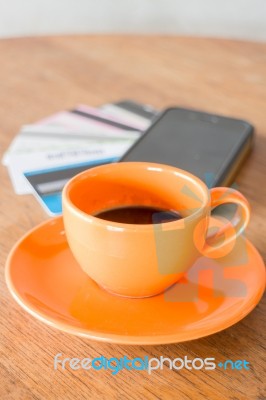 Hot Coffee Cup On Wooden Table Stock Photo