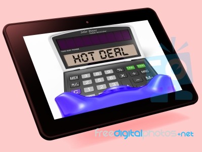 Hot Deal Calculator Tablet Shows Bargain Or Promo Stock Image