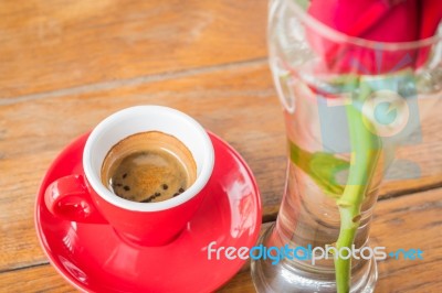 Hot Espresso Serving On Wooden Table Stock Photo