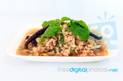 Hot Spicy Thai Cuisine Minced Pork Salad Stock Photo