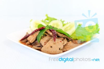 Hot Spicy Thai Cuisine Pork Liver Salad Stock Photo