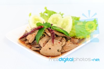 Hot Spicy Thai Cuisine Pork Liver Salad Stock Photo