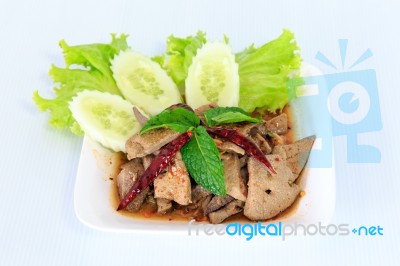 Hot Spicy Thai Cuisine Pork Liver Salad Stock Photo