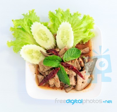 Hot Spicy Thai Cuisine Pork Liver Salad Stock Photo