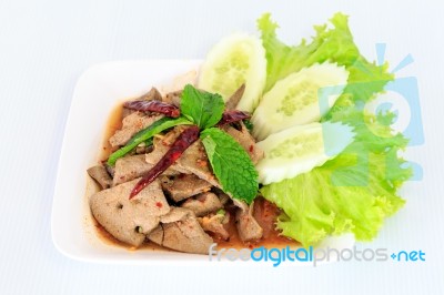 Hot Spicy Thai Cuisine Pork Liver Salad Stock Photo