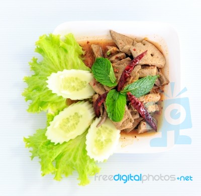 Hot Spicy Thai Cuisine Pork Liver Salad Stock Photo