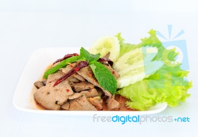 Hot Spicy Thai Cuisine Pork Liver Salad Stock Photo