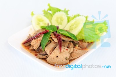 Hot Spicy Thai Cuisine Pork Liver Salad Stock Photo