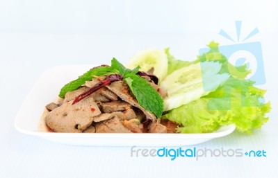 Hot Spicy Thai Cuisine Pork Liver Salad Stock Photo