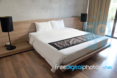 Hotel Bedroom Wood In Holiday Stock Photo