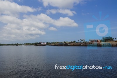 House Boats On A River's Edge Stock Photo