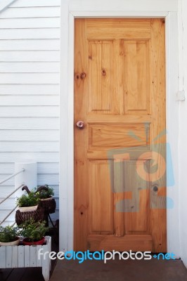 House Door Made From Wood Stock Photo