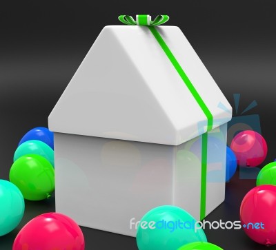 House Giftbox Indicates Surprise Giving And Greeting Stock Image