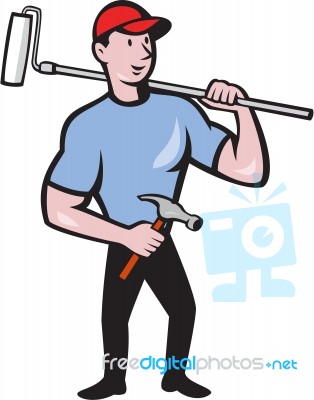 House Painter Holding Paint Roller Cartoon Stock Image