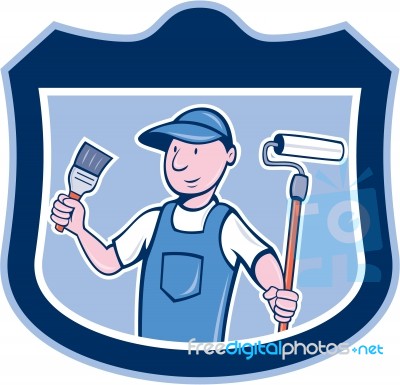 House Painter Holding Paintbrush Roller Cartoon Stock Image