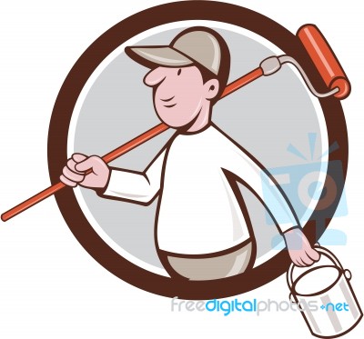 House Painter Paint Roller Can Circle Cartoon Stock Image